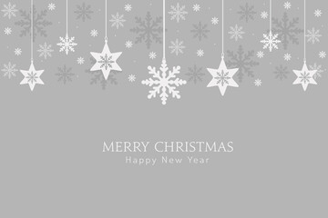 Naklejka na ściany i meble Grey Christmas background with snowflakes hanging decorations. Vector design of winter holidays. Merry Christmas and Happy New Year greeting card.