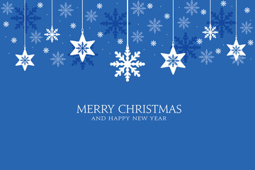 Merry Christmas background, design of xmas with snowflakes hanging on blue christmas card.