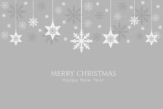 Grey Christmas background with snowflakes hanging decorations. Vector design of winter holidays. Merry Christmas and Happy New Year greeting card.