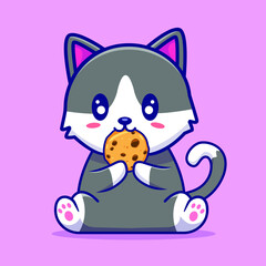 cute cat cartoon illustration eating cookie