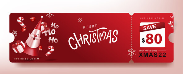 Merry Christmas Gift promotion Coupon banner with cute Santa Claus and festive decoration