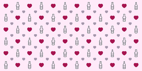 Seamless geometric pattern with hearts and bottles. Vector wallpaper background
