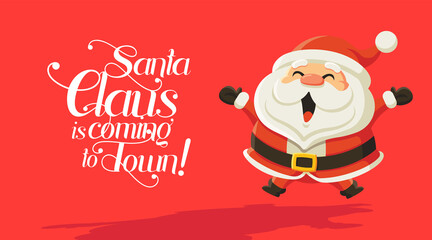 Merry Christmas card. Funny cartoon Santa Claus jumping happily on red background with calligraphy lettering. For Christmas and New Year greeting card and social media use