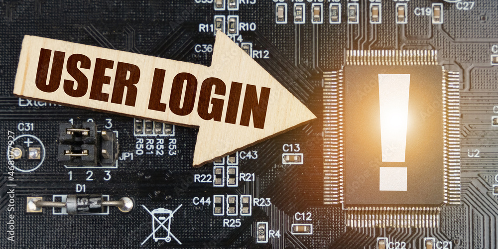 Poster on the computer board, a microcircuit with an exclamation mark and an arrow with the inscription - u