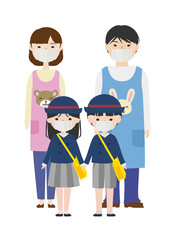 マスクを着けて制服を着た幼稚園児と保育士たち
