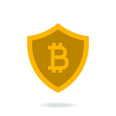 Bitcoin currency symbol with shield. Money protection icon flat style in gold colors isolated. Vector