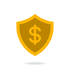 Dollar currency symbol with shield. Money protection icon flat style in gold colors isolated. Vector