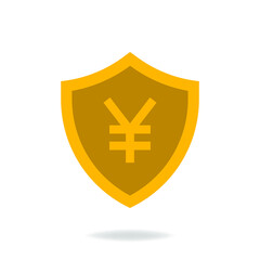 Obraz premium Yen currency symbol with shield. Money protection icon flat style in gold colors isolated. Vector