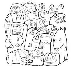 Hand-drawn illustrations, monsters doodle Illustrations coloring book, Hand Drawn cartoon monster illustration,Cartoon crowd doodle hand-drawn Doodle style. © ohhh_photo