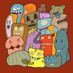 Hand-drawn illustrations, monsters doodle, Hand Drawn cartoon.