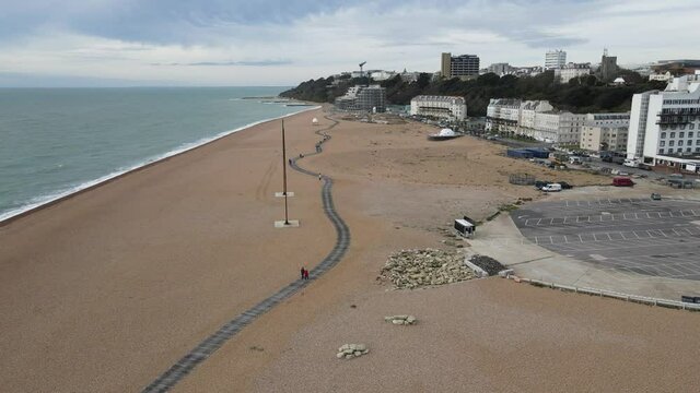 Folkestone beach boardwalk Kent UK Aerial 4k footage