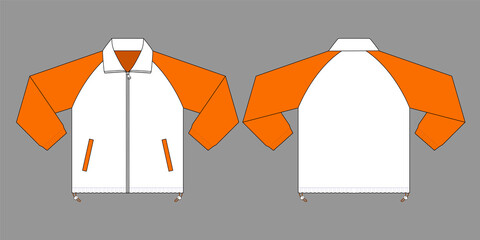 White-Orange Raglan Sleeve Jacket With Cord Stopper Template on Gray Background. Front and Back Views, Vector File.