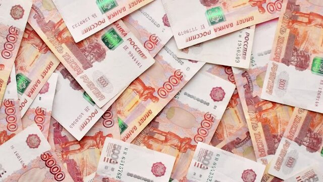 Banknotes of russian rubles with a face value of five thousand, The view from the top. Money