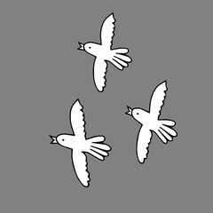 Hand drawn white vector illustration of a group of doves is flying on a gray background