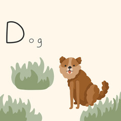 Cute fluffy dog in the backyard in the grass. Letter D from the alphabet. Cute baby animal illustration.