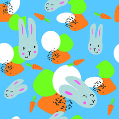 Cute seamless vector pattern with little bunnies and carrots. Spring, creative  texture for fabric, wrapping, textile, wallpaper, apparel. Vector illustration