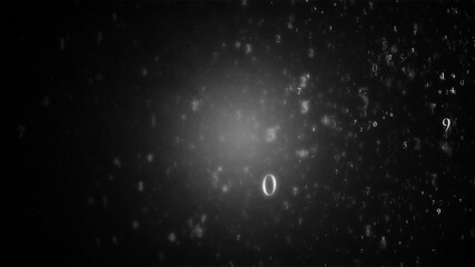 暗い背景に舞い散る無数の数字のパーティクル
黒い背景　白いたくさんの数字