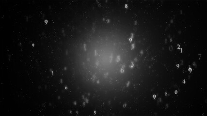 暗い背景に舞い散る無数の数字のパーティクル
黒い背景　白いたくさんの数字