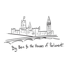 Fototapeta premium Big Ben and the Houses of Parliament with bridge and Thames river illustration vector isolated on white background line art.