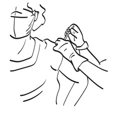 Close up doctor making a vaccination in the shoulder of patient with medical mask illustration vector isolated on white background line art.