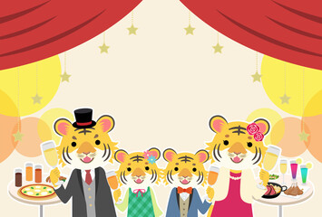 はがき　テンプレート　パーティーで乾杯するフォーマルなトラの家族