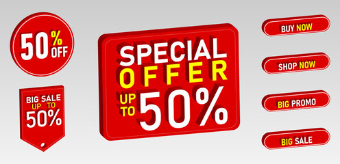 3D 50% OFF label, sales promotion label. For banner, web, poster, flyer, and other promotional media.
