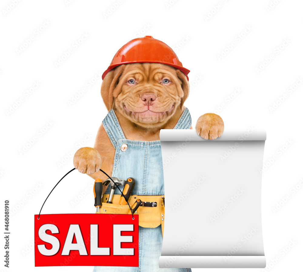 Poster funny mastiff puppy worker wearing hard hat and tool belt holds sales symbol and empty list. isolate