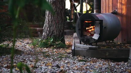 Wood stove in the camping site. Latvia, Milzkalne. 2021, 13th of October