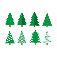 Christmas trees icon set isolated on white background. Cute Christmas trees with toys and snow. New year decorations. Vector illustration.