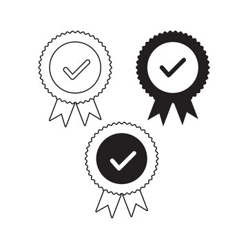 Set approval check icon isolated, approved or verified medal icon. certified badge symbol, quality sign