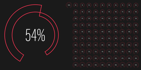 Set of circular sector arc percentage diagrams meters from 0 to 100 ready-to-use for web design, user interface UI or infographic - indicator with red