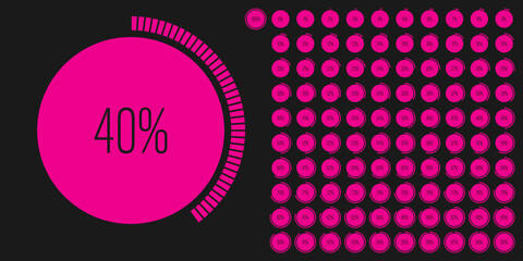 Set of circle percentage diagrams meters from 0 to 100 ready-to-use for web design, user interface UI or infographic - indicator with magenta hot pink