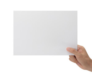 Hand holding blank paper isolated on white background with clipping path, Poster Mockup.