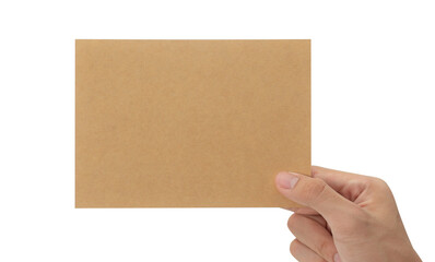 Hand holding blank cardboard paper isolated on white background with clipping path, Greeting card mockup.
