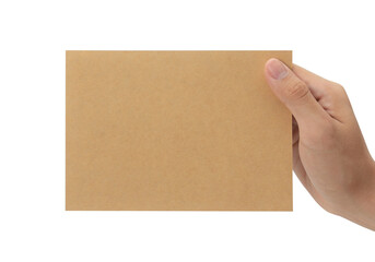 Hand holding blank cardboard paper isolated on white background with clipping path, Greeting card mockup.