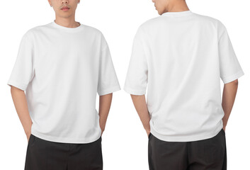 Young man in blank oversize t-shirt mockup front and back used as design template, isolated on white background with clipping path. - obrazy, fototapety, plakaty