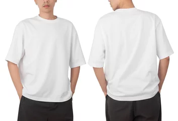 Fotobehang Young man in blank oversize t-shirt mockup front and back used as design template, isolated on white background with clipping path. © Touchr