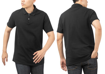 Young man in blank Polo t-shirt mockup front and back used as design template, isolated on white...