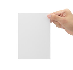 Hand holding blank paper isolated on white background with clipping path, Greeting card mockup.