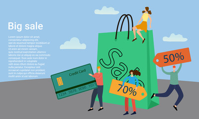 Big sale.People on the background of a poster and a wallet with a credit card.A business-style poster.Vector illustration.