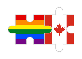 puzzle pieces of rainbow and canada flags. vector illustration isolated on white background