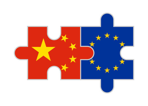 puzzle pieces of china and european union flags. vector illustration isolated on white background