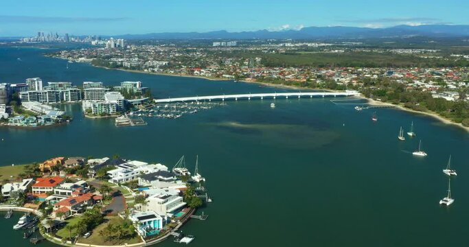 Looking across the beautiful Gold Coast. Sovereign and Ephraim Islands, stunning summers day, drone