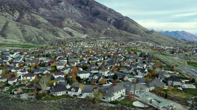 Residential City Streets in Utah County by Wasatch Mountains - Aerial