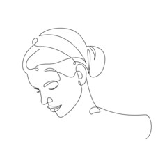 Continuous Line Drawing of Woman Head. Line Art Creative Concept Black Sketch Isolated on White Background. Female Fashion Illustration. Woman Face Abstract Drawing. Vector EPS 10