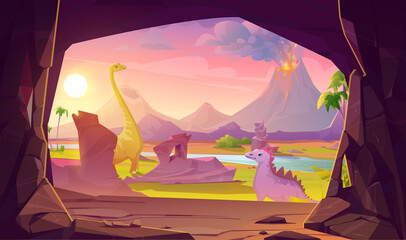 Prehistoric scene with stone cave entrance and summer landscape with dinosaurs and volcano eruption outside. Vector cartoon land with mountains with smoke and magma and ancient reptiles