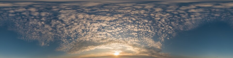 Fototapeta premium Dark blue sunset sky pano with Cirrus clouds. Seamless hdr panorama in spherical equirectangular format. Complete zenith for 3D visualization, game and sky replacement for aerial drone 360 panoramas.