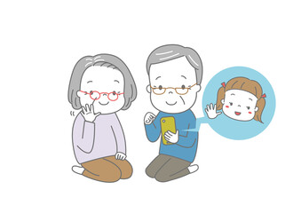 孫とビデオ通話を楽しむおじいさん、おばあさん