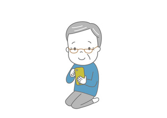 笑顔でスマートフォンを操作している高齢男性　おじいさん