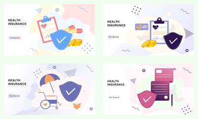 Landing pages of health insurance. Concept of medical insurance and life insurance. Protection of health and life of people with document insurance. Healthcare, finance and medical service web design.
